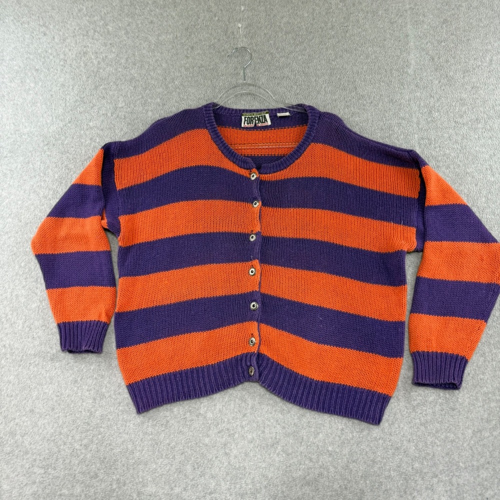 Forenza Striped Cardigan Sweater Womens Medium Purple Orange Vintage 90s Chunky